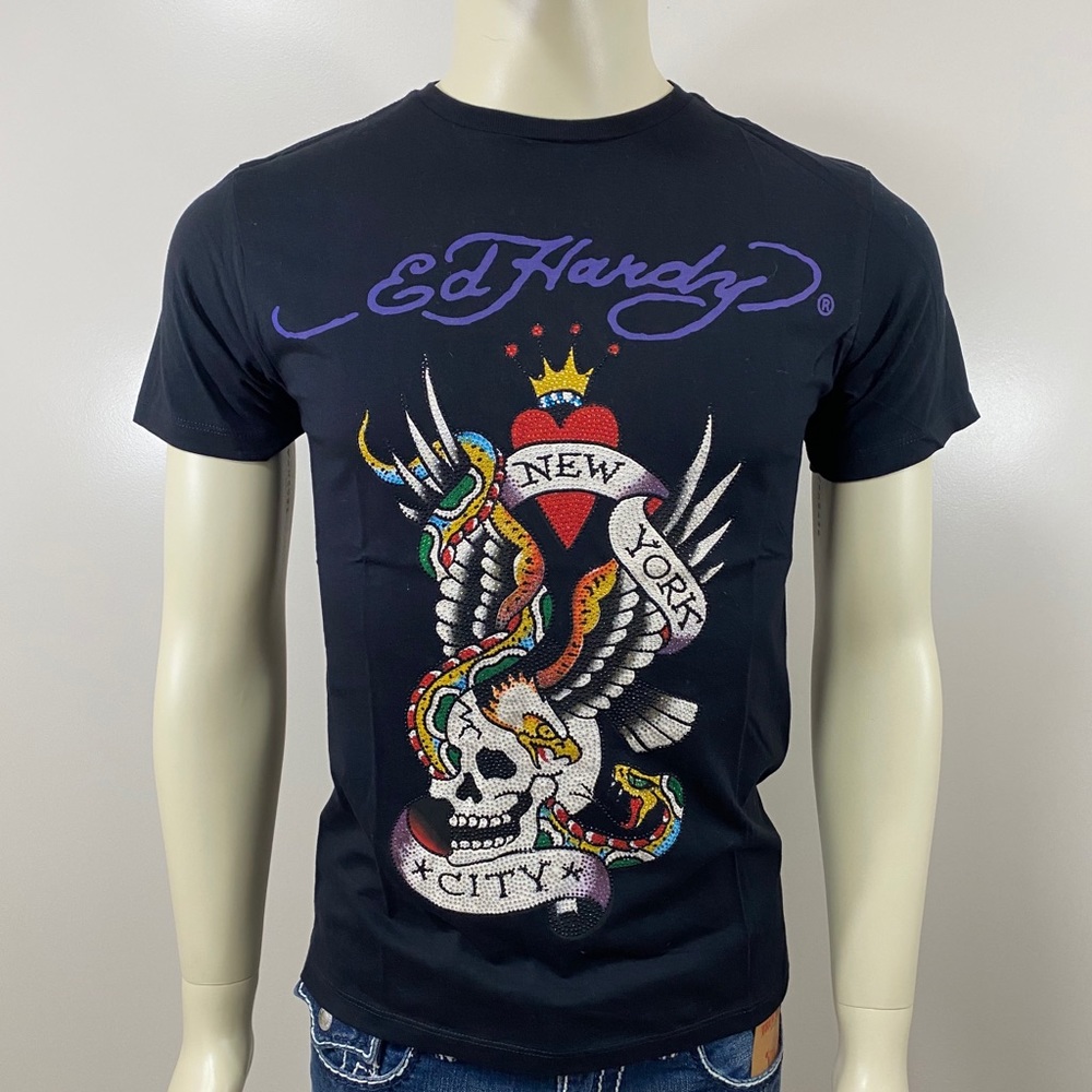 Ed Hardy Men New York City Rhinestone Black Shirt